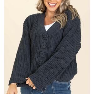 POL Chunky Knit Cardigan Sweater Small Black Flower Button Front Boho Textured